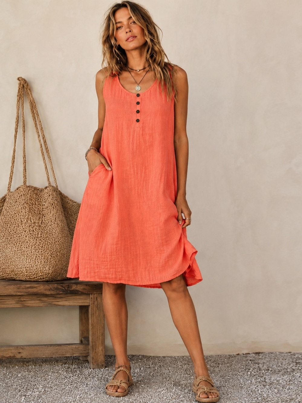 PINK PINEAPPLE Coral Sleeveless 100% Cotton Dress